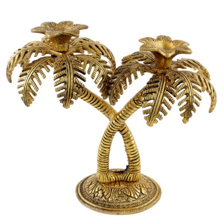 Golden Double Palm Tree Aluminium Candle Stand